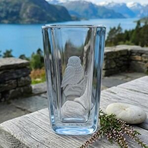 Vintage Strombergshyttan Signed Swedish Art Glass Owl Vase Crystal B1046